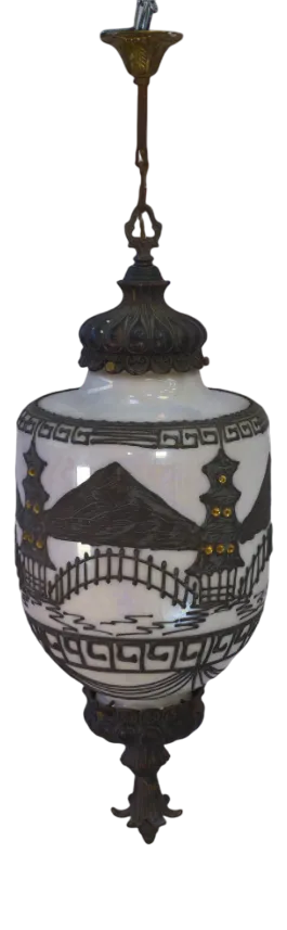 Opaline Pearly Pendant Light with Asian Decor and Brass Inlay from Accurate Casting Co., 1970s