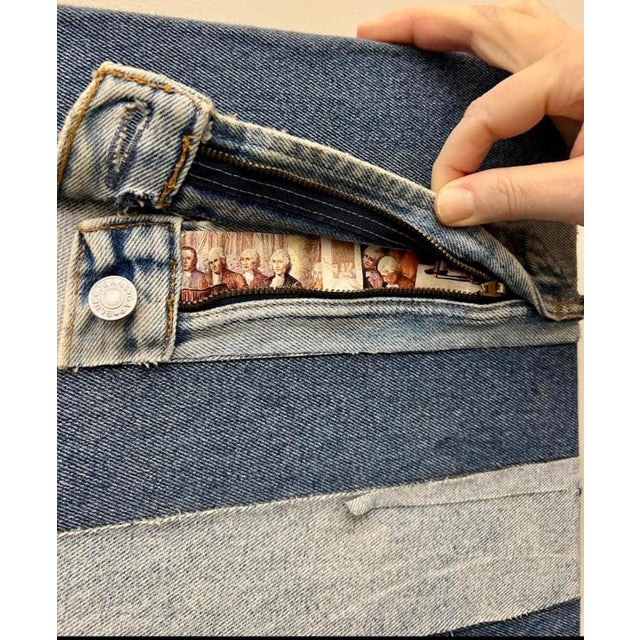 Blue Jean Jacques de la Verriere, Vintage 1970s Pop Art Americana Patriotic American Flag Denim Jeans Hand Sewn For Sale - Image 8 of 12