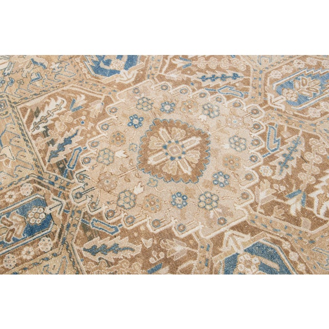 Antique Persian Heriz Handmade Medallion Tan and Blue Wool Rug For Sale - Image 10 of 11