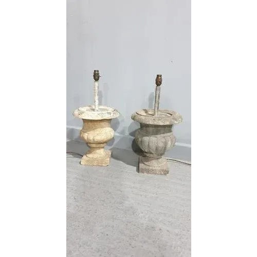Near pair of late 19th Century antique urns adapted into table lamps, rewired and ready to use. Up to 250V (Europe/UK...