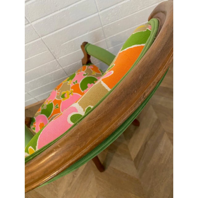 Early 1900s Victorian Wooden Armchair Upholstered in Vintage Colorful Groovy Print Fabric and Green Velvet For Sale - Image 9 of 12