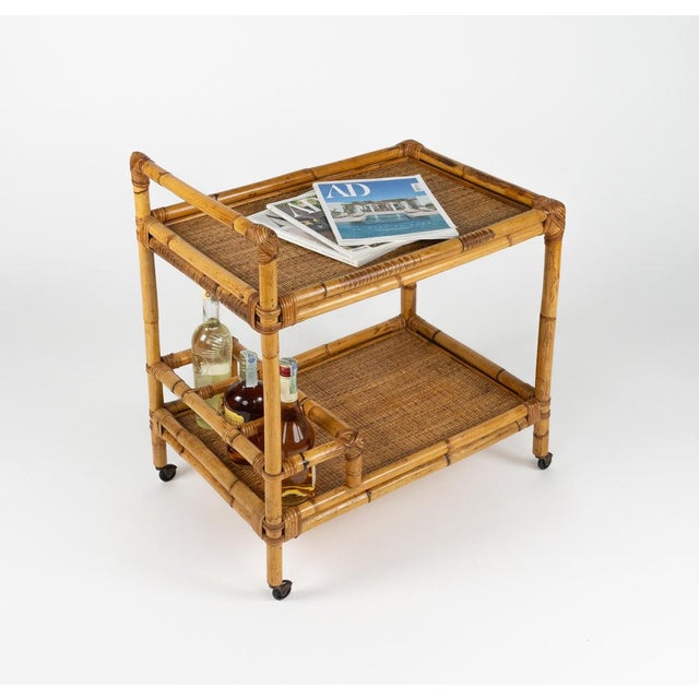 Mid-Century Modern Bamboo and Rattan Serving Bar Cart, Italy, 1960s For Sale - Image 9 of 17