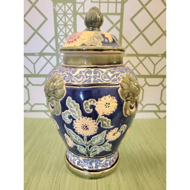 Sculpture Materials Vintage Navy Blue and White, Green Clay Fired Foo Dog Italian Floral Ginger Jar Decor For Sale - Image 7 of 11