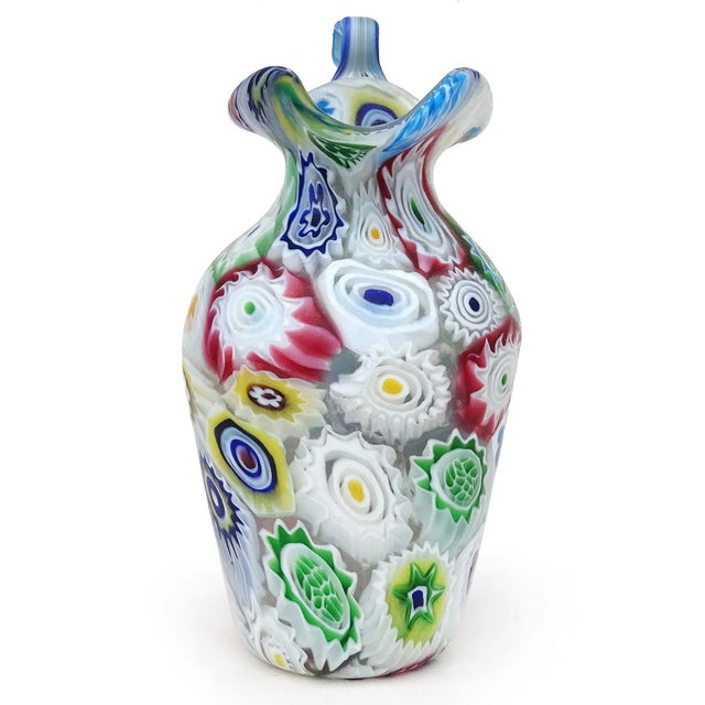 Beautiful antique Murano hand blown millefiori flower mosaic Italian art glass decorative ornate handle cabinet vase /...
