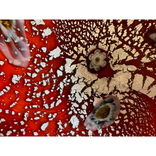 Beautiful vintage Murano hand blown red with silver flecks Italian art glass bowl. Alfredo Barbini style. Has decorative...