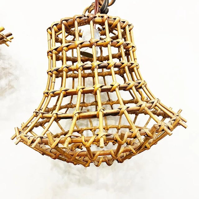 Hand-Woven Bamboo Pendant Lights, Italy, 1950s, Set of 2 For Sale - Image 3 of 9