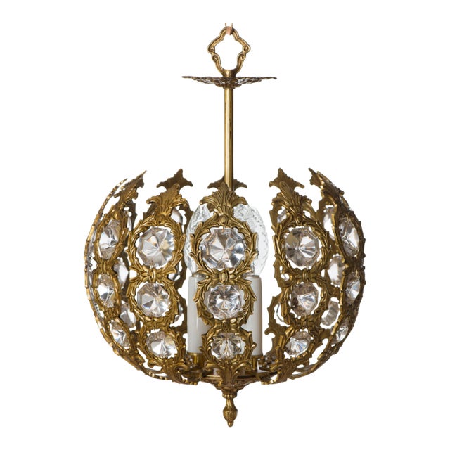 1960s Vintage Restored Spanish Lighting Brass Crystal Pendant Lamp For Sale
