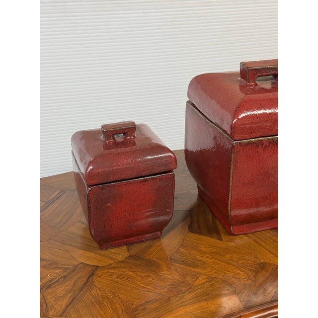Glazed Ceramic Lidded Canisters, Set of Two For Sale - Image 12 of 12