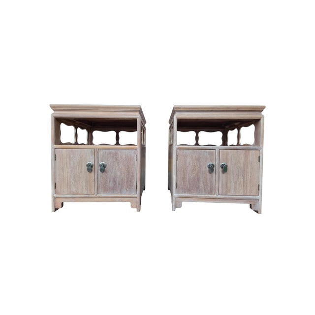 Mid 20th Century Pair of Cerused Walnut "Far East" Restored Nightstands/End Tables by Michael Taylor for Baker Furniture For Sale