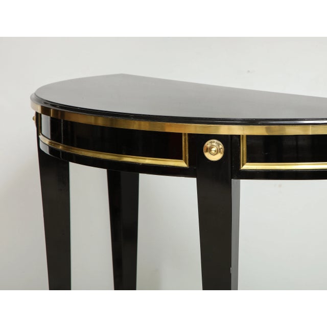 Modern Bespoke Pair of Brass-Banded Demilune Consoles in the Neoclassic Manner For Sale - Image 3 of 12