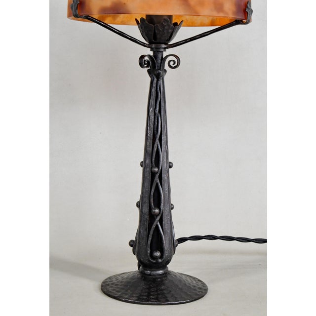 1920s French Art Deco Daum Table Lamp - Burned Orange Mottled Glass & Wrought Iron For Sale - Image 11 of 11