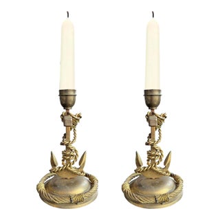 Pair of Vintage English Brass Anchor Candlesticks For Sale