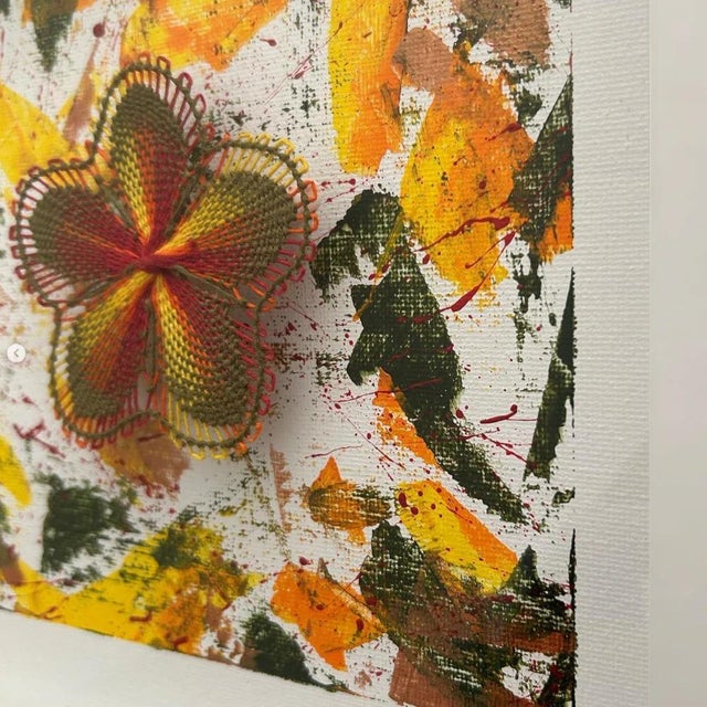 "GUARANI BLOOM" | Nanduti technique (traditional Paraguayan embroidered lace) and paint. 8" x 8" Framed