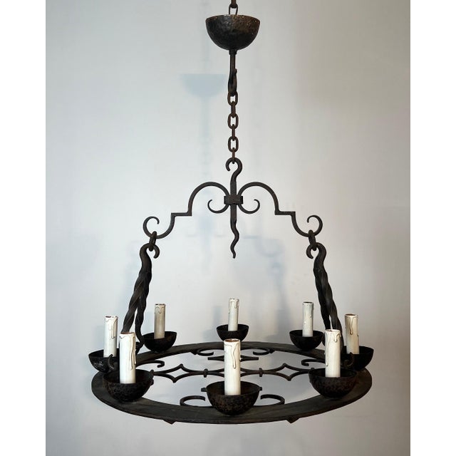 1940s Gothic Style 8 Light Round Wrought Iron Chandelier For Sale - Image 4 of 12