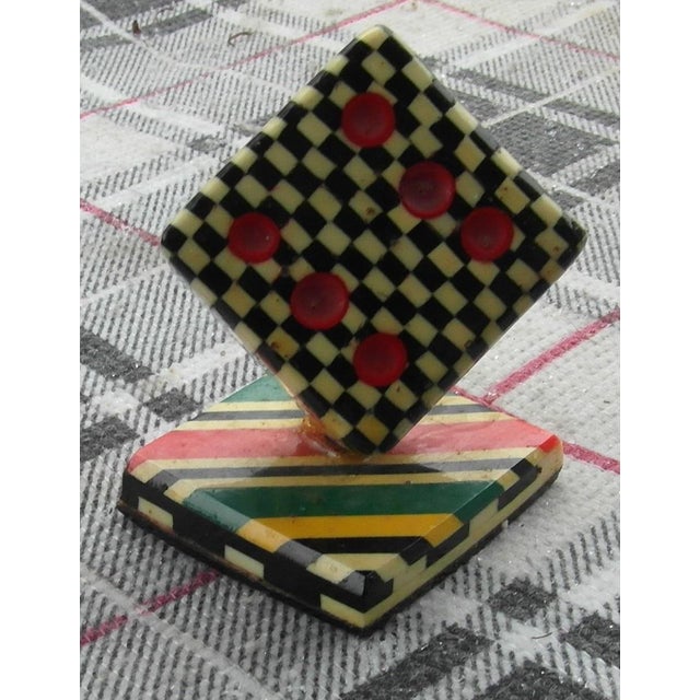 Mid-Century Modern Vintage Bakelite Dice Cube – Bold Geometric Stripes, Checkerboard & Raised Red Dots, 1930s–1950s. For Sale - Image 3 of 6