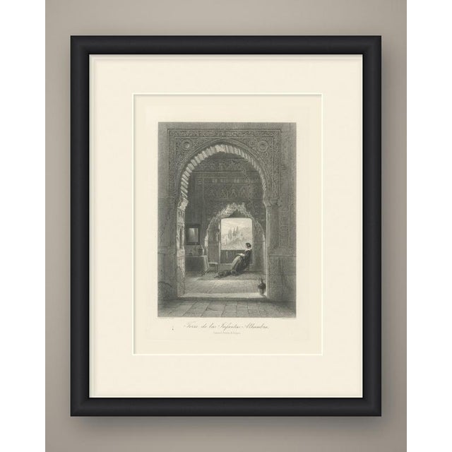 The view looks through a horseshoe-shaped moorish arch into a quiet chamber of the alhambra in this upright steel...