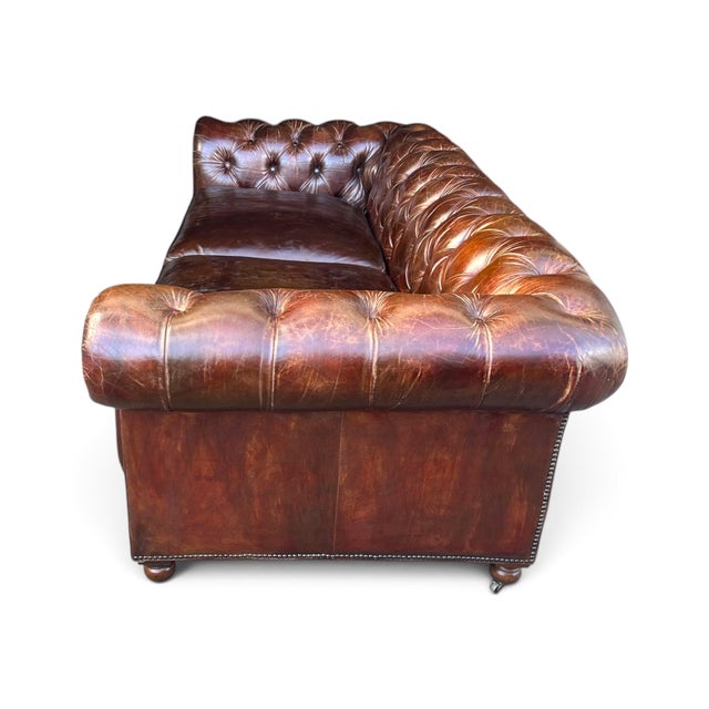 Restoration Hardware Chesterfield Cognac Leather Sofa With Brass Nailhead & Casters For Sale In Los Angeles - Image 6 of 18