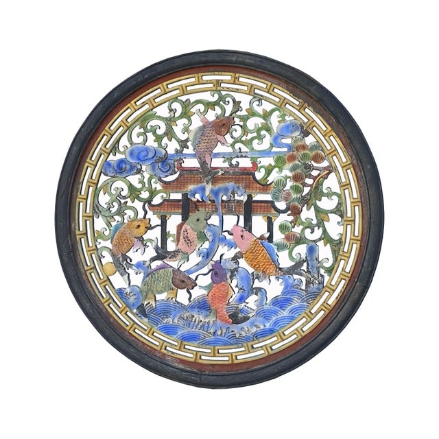 Chinese Matte Chalk Color Round Flower Fishes Wood Wall Panel For Sale In San Francisco - Image 6 of 6