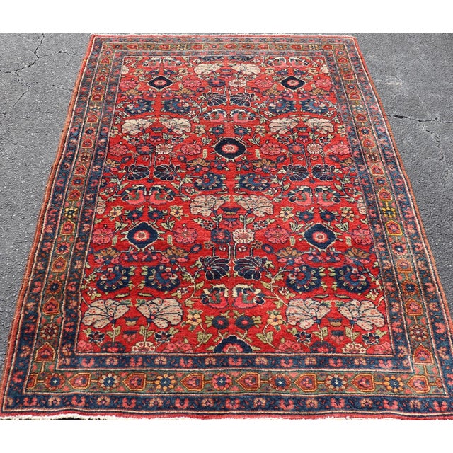 Antique Persian Bidjar Rug With Red Field and Bold Blue Floral Design 4'5 X 6'5 For Sale - Image 9 of 12