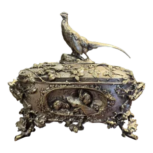 19th Century French Silvered Bronze Casket With Hunt Animals Signed A. Cain