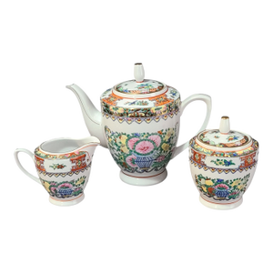 Vintage Chinoiserie Famille Rose Hand Painted Tea Pot-Sugar Bowl & Creamer Set- 3 Pieces