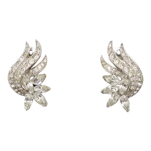 Vintage Signed Jomaz Rhodium Plated Clear Rhinestone Clip Earrings - 2 Pieces