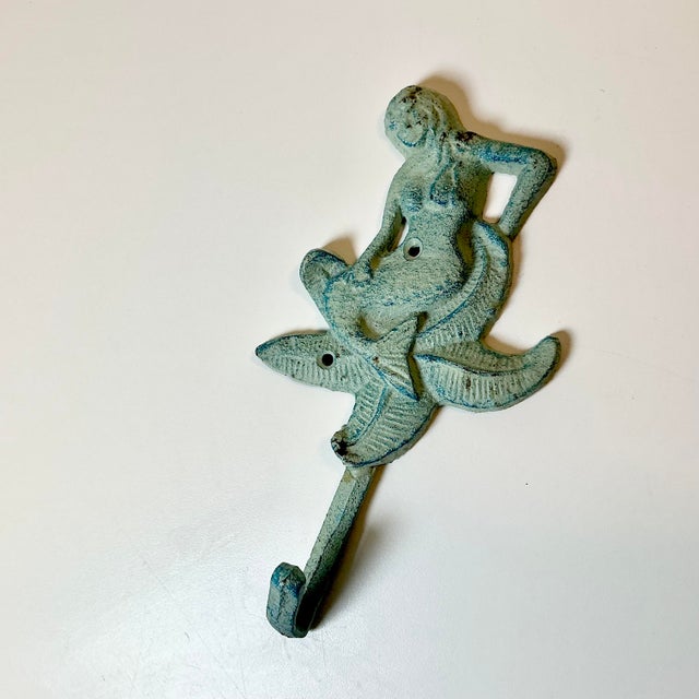 1970s Vintage Nautical Coastal Cast Iron Verdigris Mermaid Wall Hook. For Sale - Image 6 of 16