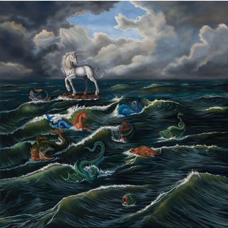 The Leader of the Sea Beasts by Robin Hextrum | Oil on Canvas Unicorn among sea creatures in turbulent waves. For Sale