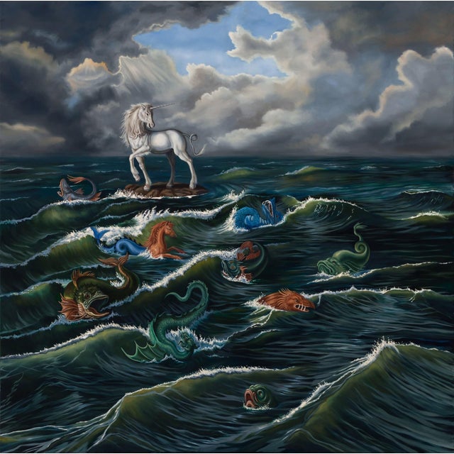 The Leader of the Sea Beasts by Robin Hextrum | Oil on Canvas Unicorn among sea creatures in turbulent waves. For Sale