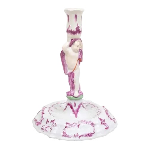 Antique 18th Century German Baroque Porcelain Candlestick with Figural Putto Angel Stem