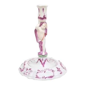 Antique 18th Century German Baroque Porcelain Candlestick with Figural Putto Angel Stem