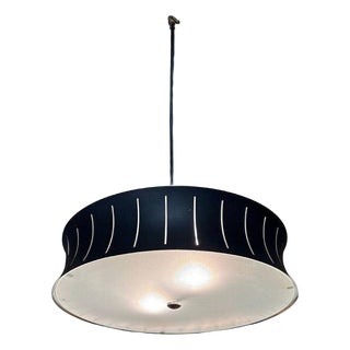 1950s Restored Mid-Century Googie Drum Pendent Black and White Chandelier Lighting For Sale