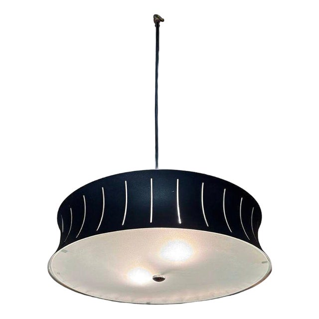 1950s Restored Mid-Century Googie Drum Pendent Black and White Chandelier Lighting For Sale