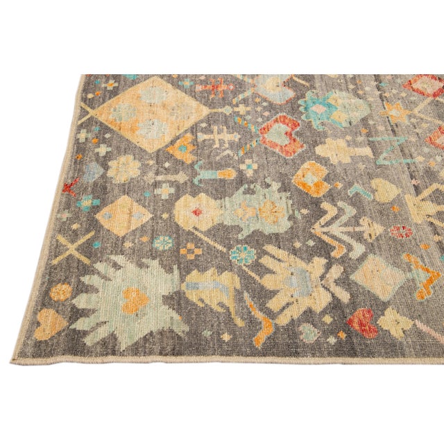 Modern Boho Gray Moroccan Style Handmade Multicolor Pattern Wool Rug For Sale - Image 4 of 10