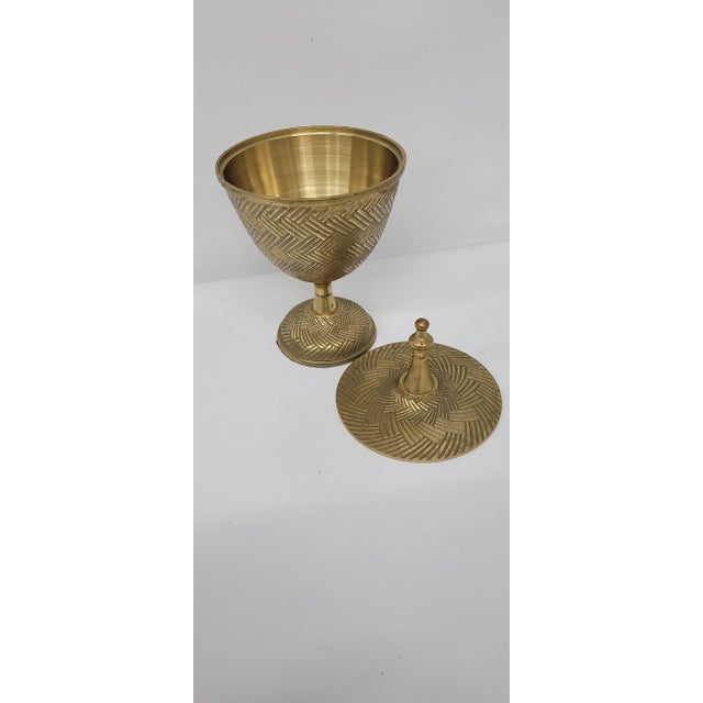 Vintage Ornate Brass Urn Pedestal Bowl Etched Design With Finial Lid For Sale - Image 4 of 9