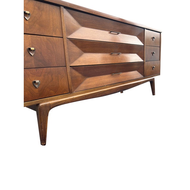Wood Mid Century Modern Vintage Low Long Dresser or Credenza in Albert Parvin Style Sculpted Design For Sale - Image 7 of 11