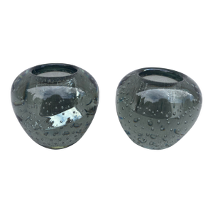 Vintage Gray Controlled Bubble Glass Candle Holders a Pair