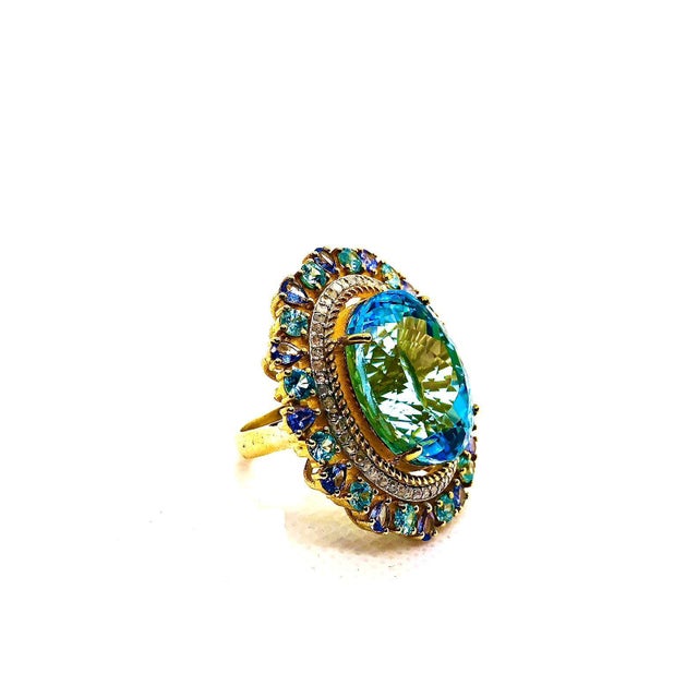 Late 20th Century Bochic “Capri” Vintage Blue Topaz, Tanzanite & Diamond Ring Set In 18K Gold & Silver For Sale - Image 5 of 11