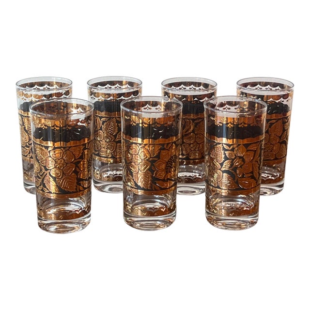 1960s - Georges Briard Gold & Black Floral Highball Glasses - Set of 7 For Sale