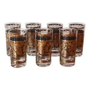 1960s - Georges Briard Gold & Black Floral Highball Glasses - Set of 7