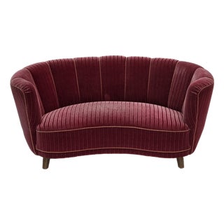 Danish 2-Seater Banana Sofa in Red Velour and Oak, 1970s For Sale