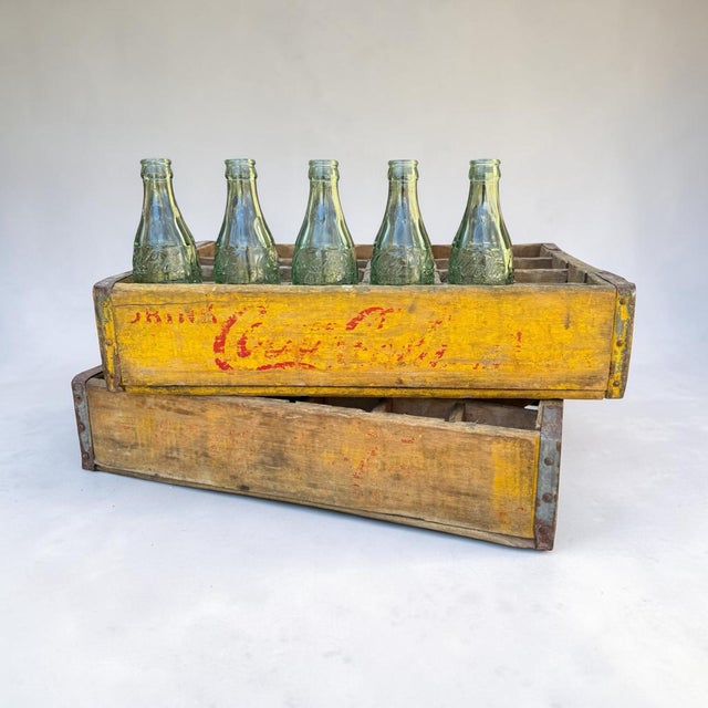 1960’s Vintage Yellow Coca-Cola Wooden Delivery Crates & Wailuku, Maui Hawaii Bottle Trio For Sale - Image 9 of 16