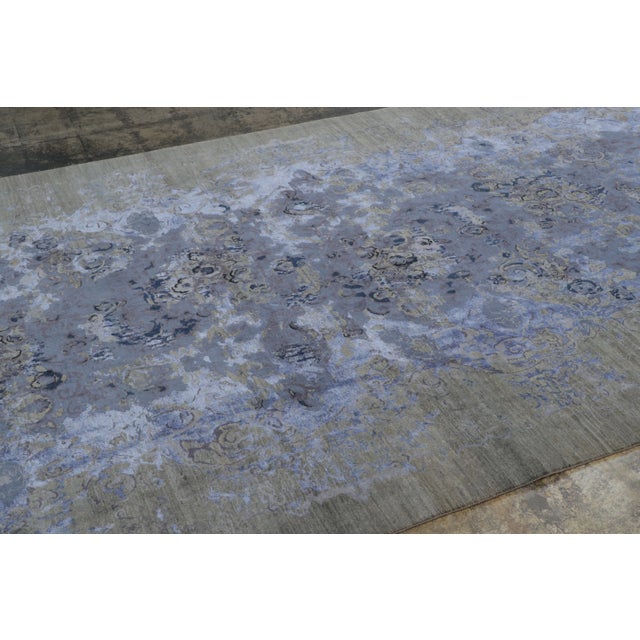 Transitional Rug & Kilim’s Distressed Modern Runner With Abstract Florals in Muted Blue & Green For Sale - Image 3 of 10
