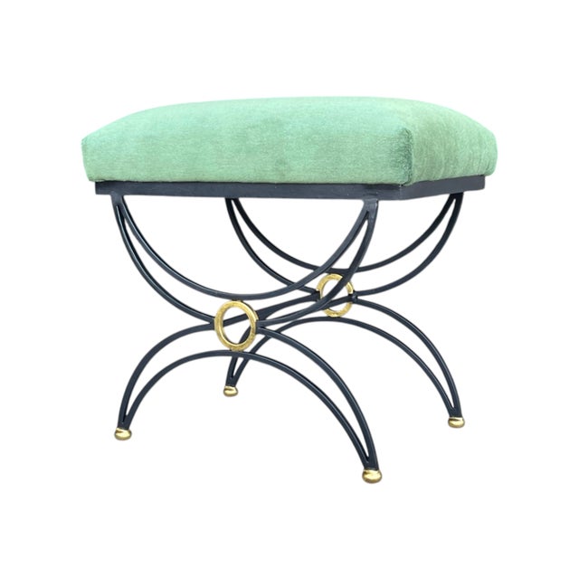 1980s Hand-Forged Sculptural Wrought Iron Accent Benches in Dark Green Mohair- A Pair For Sale - Image 9 of 13