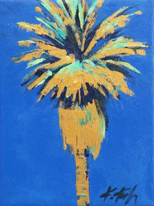 Tropical Palm Tree Original Colorful Blue Artwork "Golden Splash" Contemporary Botanical Acrylic Painting by Kathleen Keifer