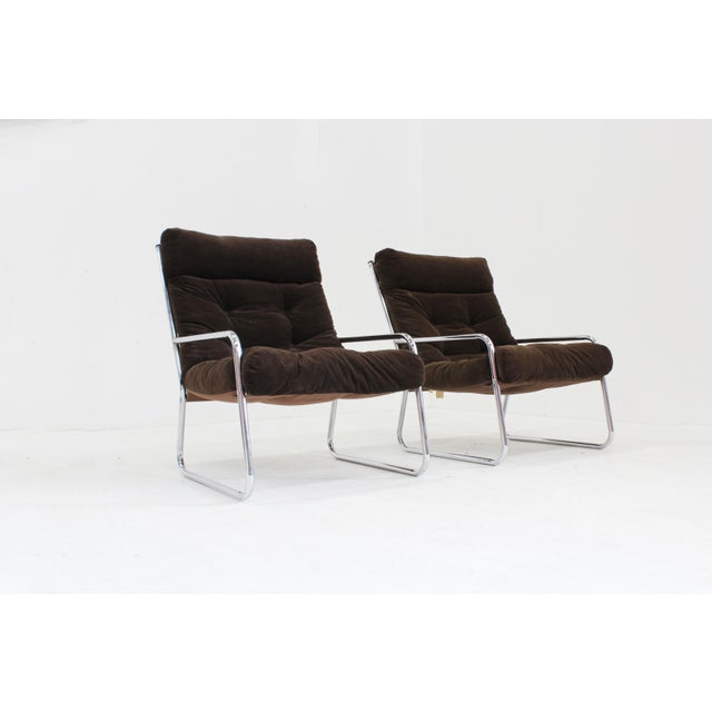 set of 2 Vintage Space Age easy chair/armchairs from the 1970s, chrome-plated metal construction, with brown corduroy...