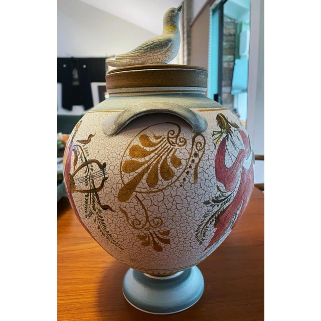 Mediterranean Vintage Reproduction of White Background Greek Vase Ampora and Lid With 3-D Dove on Top For Sale - Image 3 of 10