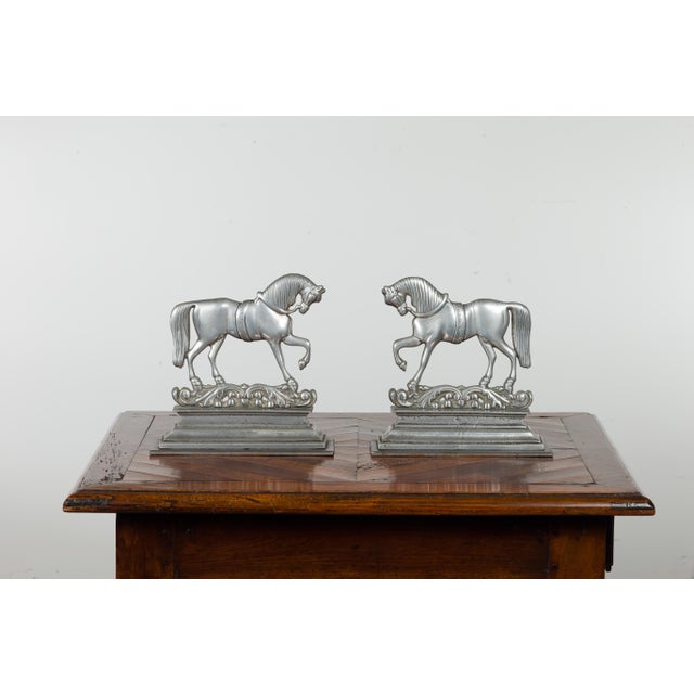 Early 20th Century Early 20th Century Pair of English Turn of the Century Metal Bookends Depicting Prancing Horses For Sale - Image 5 of 12