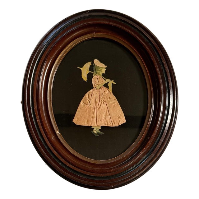 Antique Vintage Oval Deep Wood Picture Frame With Textile Girl Art 12x14” (8x10) For Sale