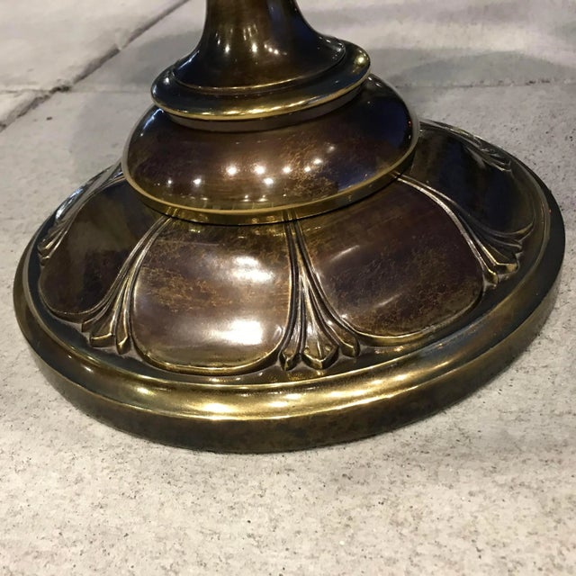Solid Brass Etched Tray Table Floor Lamp & Silk Shade From the Stiffel Company - a Pair For Sale In Denver - Image 6 of 13